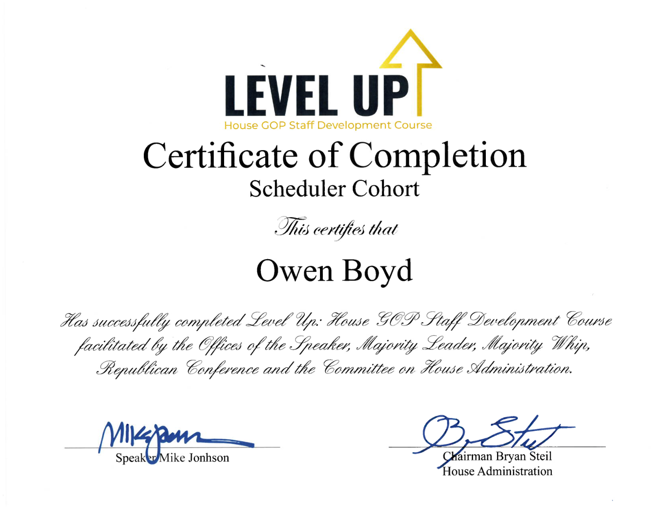 Actual Level Up Scheduler Cohort certificate of completion for Owen Boyd